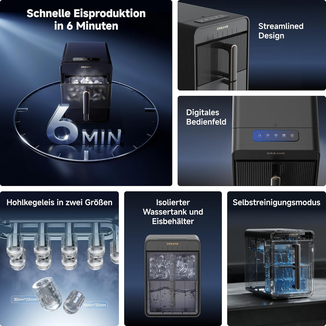 dreame Aura Eiswürfelmaschinen mit 6-Minuten-Schnelleisproduktion, isoliertem Wassertank und Eisbehä