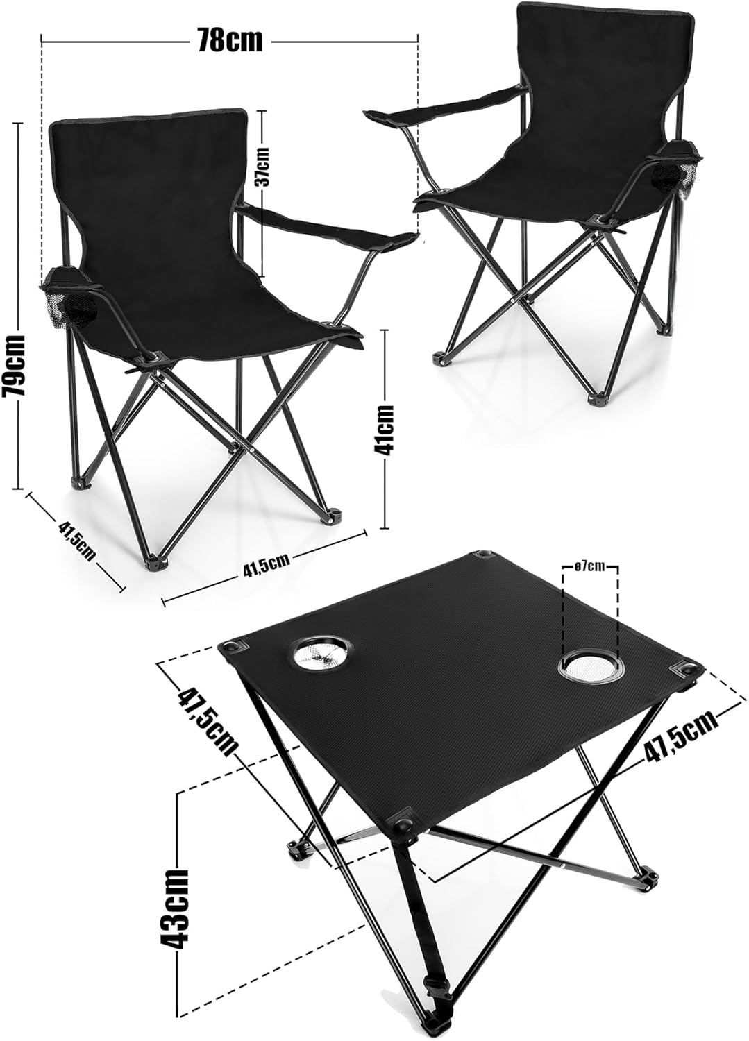 BigDean 2 Stück Campingstühle & Campingtisch faltbar – Faltstuhl in Schwarz mit Getränkehalter & Tra