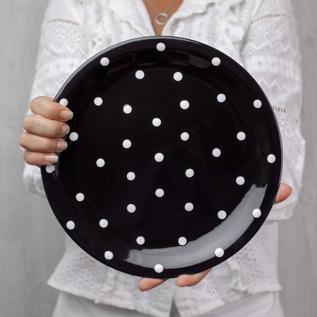 City to Cottage® - Keramik Teller 25.5 cm | Schwarz und Weiss | Polka Dots | Handgemacht | Grosser S