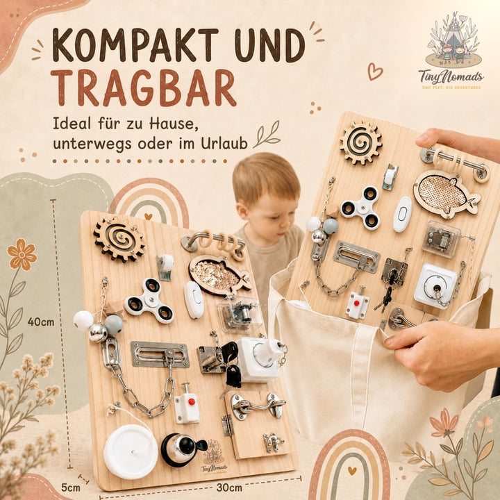 Tiny Nomads Montessori Busy Board motorikbrett ab 1 2 3 4 Jahr - Motorikboard für Baby Sensorik Acti