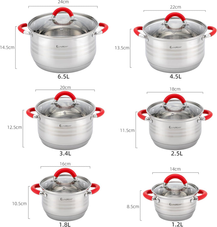 EliteHoff Topfset Induktion 12-teilig, Kochtopf Set mit Glasdeckeln und Silikongriffen, 7-lagiger Ed