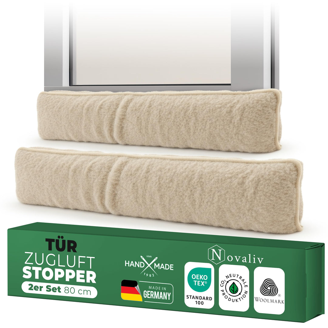 Zugluftstopper für Türen 80cm Natur Schurwolle – stoppt Zugluft & Kälte, dämpft Lärm/Staub/Licht, ru