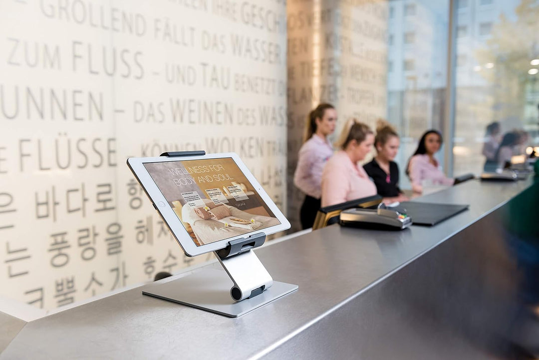 Durable Tablet Tischhalterung (für Tablets 7-13 Zoll, 360° drehbar mit Diebstahlsicherung) silber/an