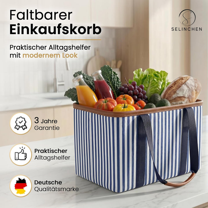 Selinchen® - Premium Einkaufskorb | Hochwertige Einkaufstasche faltbar und mit PU-Ledergriff | Ideal