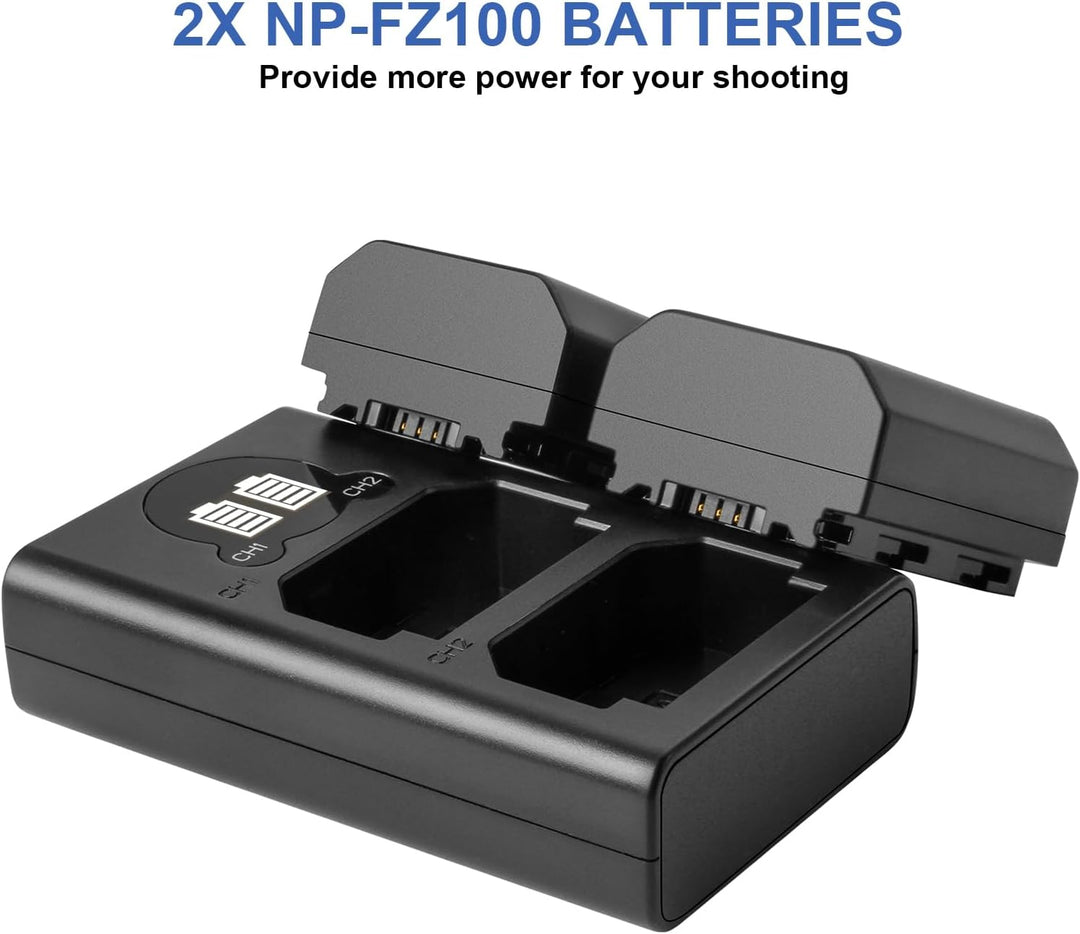 2 X NP-FZ100 Ersetzt Akku und Dual Ladegerät Kompatibel mit Sony A9 A9R A9S, Alpha9 9R 9S, für Sony