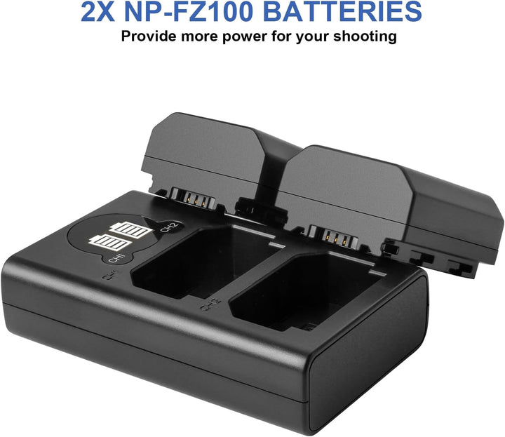 2 X NP-FZ100 Ersetzt Akku und Dual Ladegerät Kompatibel mit Sony A9 A9R A9S, Alpha9 9R 9S, für Sony