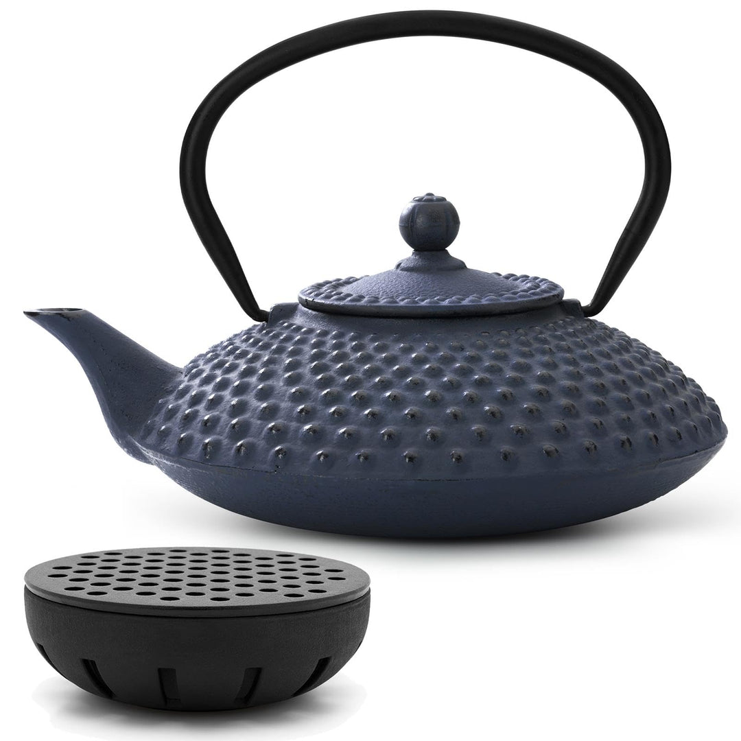 Teekanne asiatisch Gusseisen Set 1.25 Liter blau Teekessel mit Henkel & Edelstahl Tee-Filter-Sieb-Ei