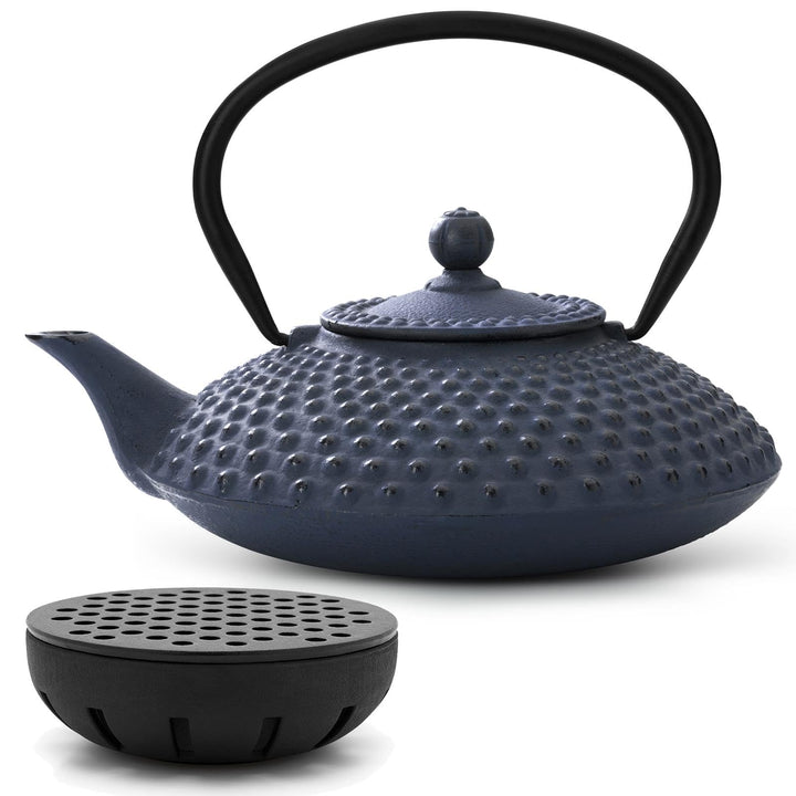 Teekanne asiatisch Gusseisen Set 1.25 Liter blau Teekessel mit Henkel & Edelstahl Tee-Filter-Sieb-Ei