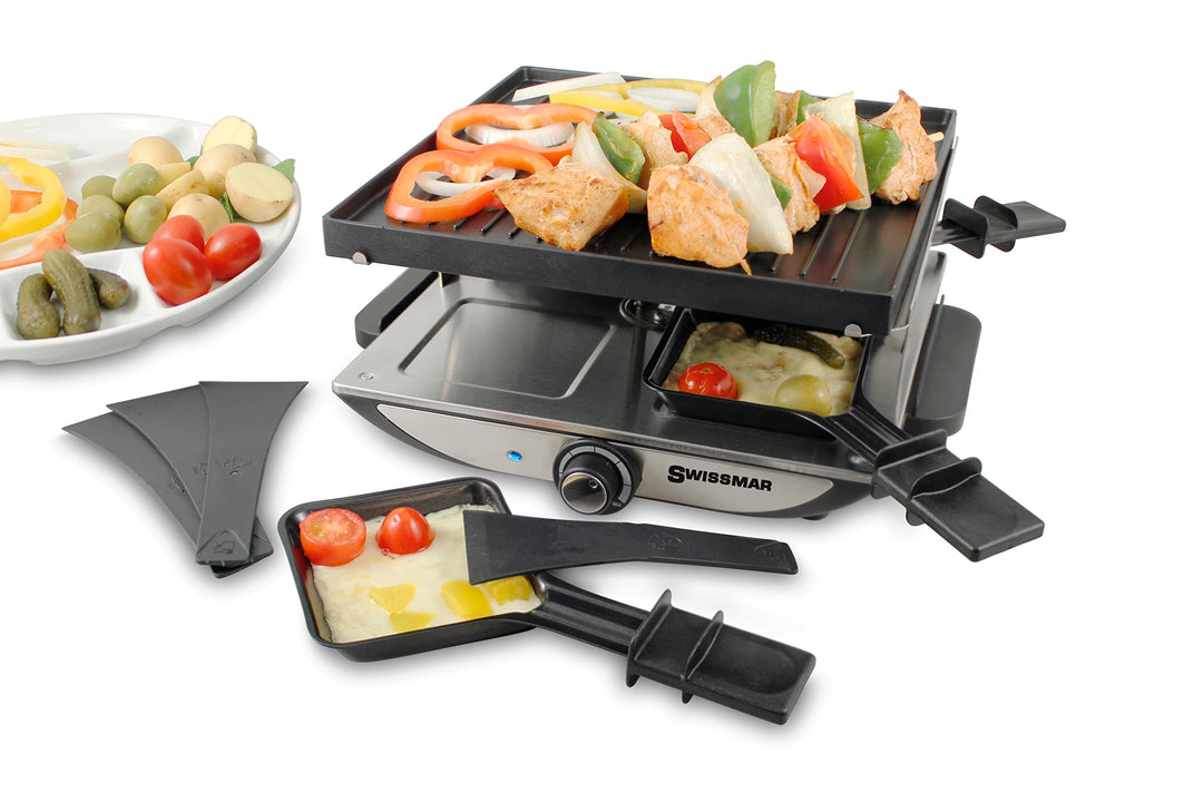 Swissmar Geneva Raclette 4 Personen, Raclette Grill mit Pfännchen und Schiebern, Mini Raclette-Grill