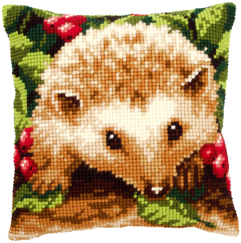 Vervaco Igel mit Beeren Kreuzstichkissen/Stickkissen vorgedruckt, Baumwolle, Mehrfarbig, 40 x 40 x 0