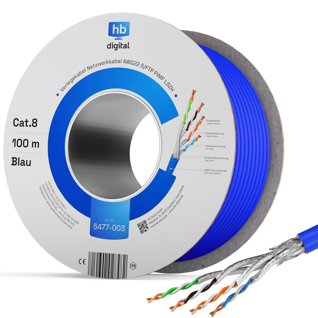 HB-DIGITAL 100m CAT 8 Netzwerkkabel LAN Kabel Verlegekabel Ethernet Installationskabel 40 Gbit/s AWG