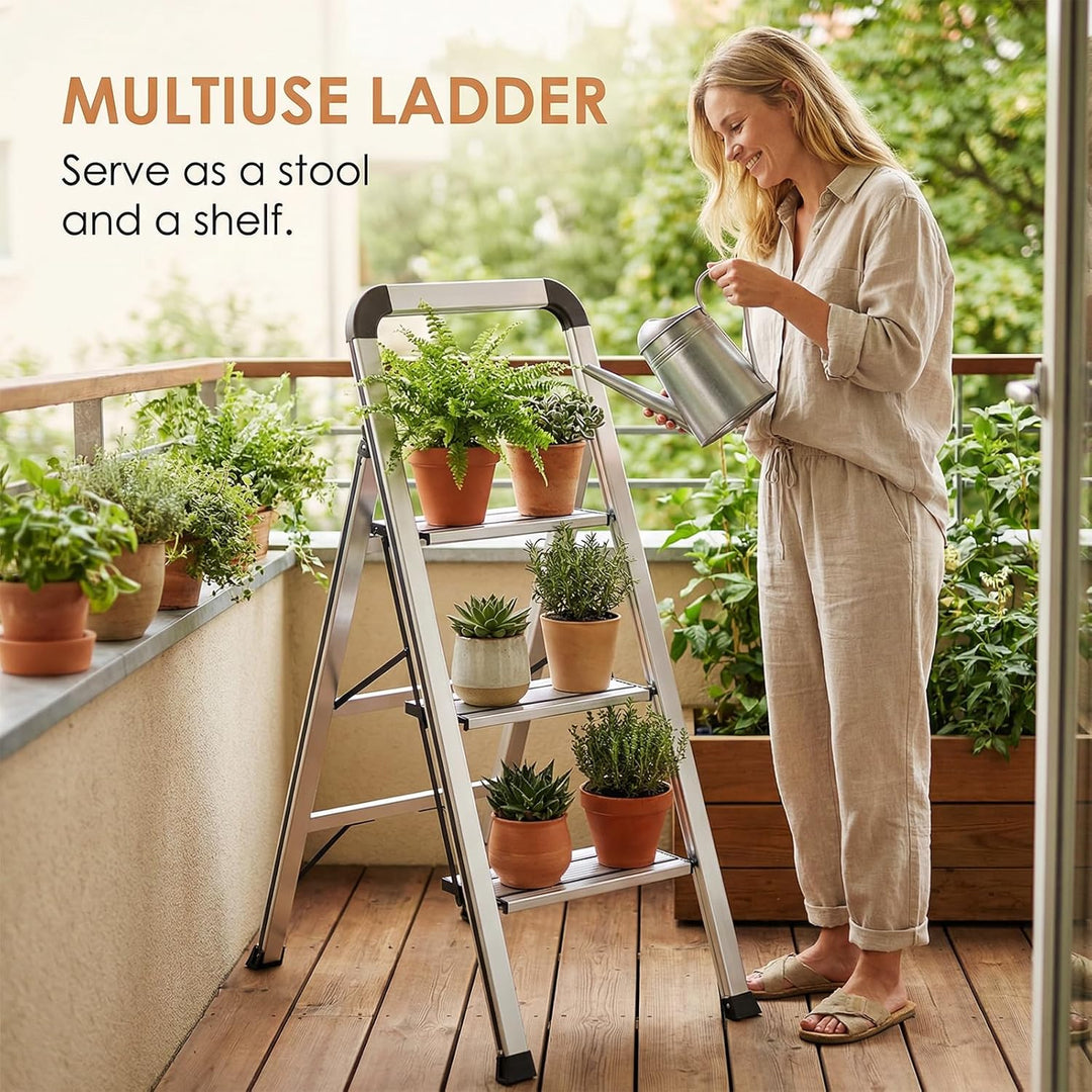 TLGREEN Alu Trittleiter mit Handlauf 3-Stufen-Leiter Klappleiter | Rostfeste rutschfeste Leicht | St