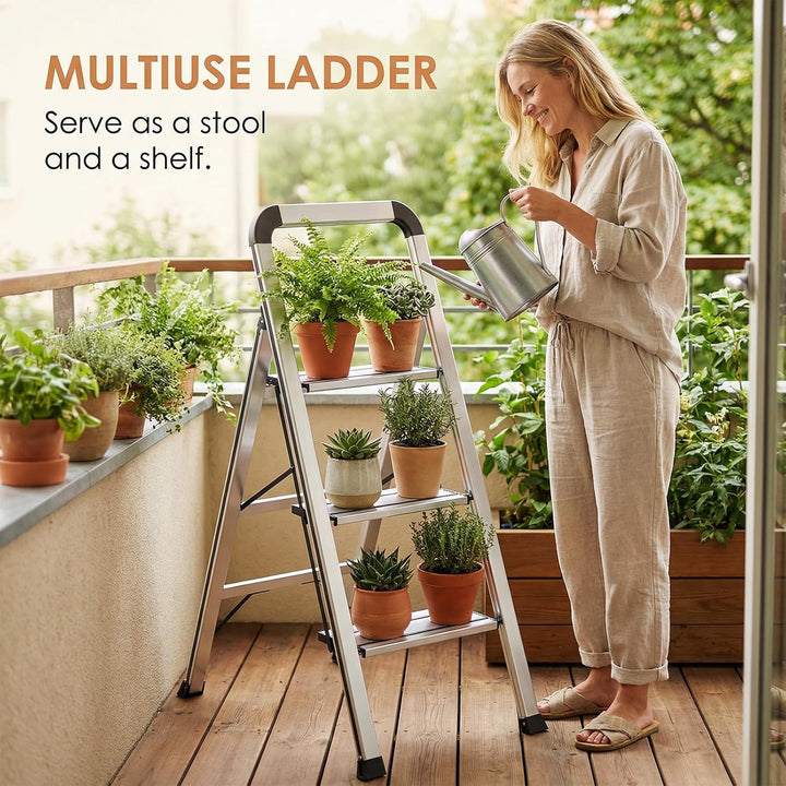 TLGREEN Alu Trittleiter mit Handlauf 3-Stufen-Leiter Klappleiter | Rostfeste rutschfeste Leicht | St
