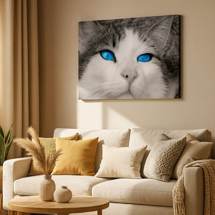 Bilder auf Leinwand 100x70cm Leinwandbild Katze Tiere blaue Augen Gross Wanddeko Bild Schlafzimmer K