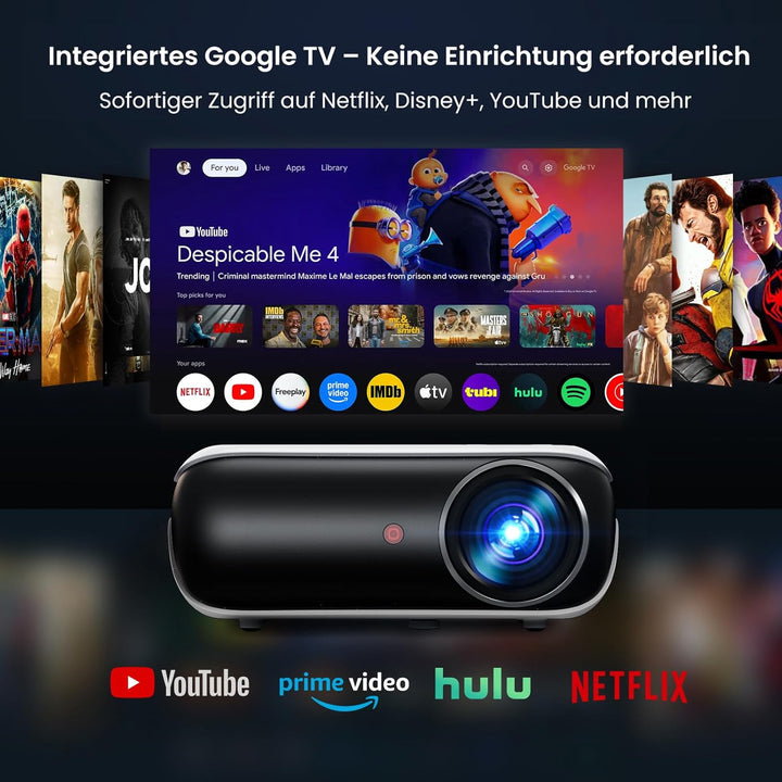 Official Google TV Smart Beamer 4k, HAPPRUN 25000L Full HD Beamer Heimkino mit Dolby Audio, Wi-Fi &