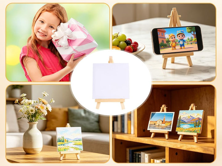 30 Stück Mini Staffelei mit Leinwand Set,Holz Dreieck Tischstaffelei 15 x 8 cm und Mini Leinwand 10