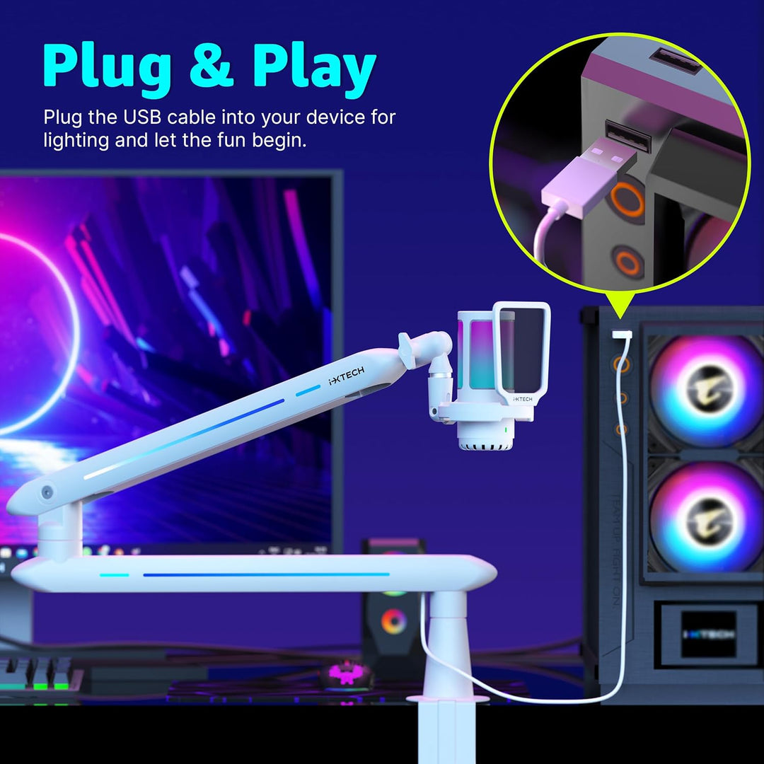 IXTECH RGB Low Profile Galgenarm für Mikrofon, verstellbarer Mikrofonarmständer mit Tischhalterungsk