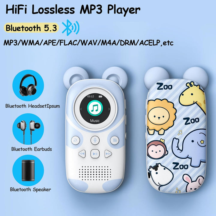 RUIZU 64GB MP3 Player Kinder Bluetooth 5.3 mit kopfhörer Lautsprecher Unterstützt UKW-Radio, Wecker,