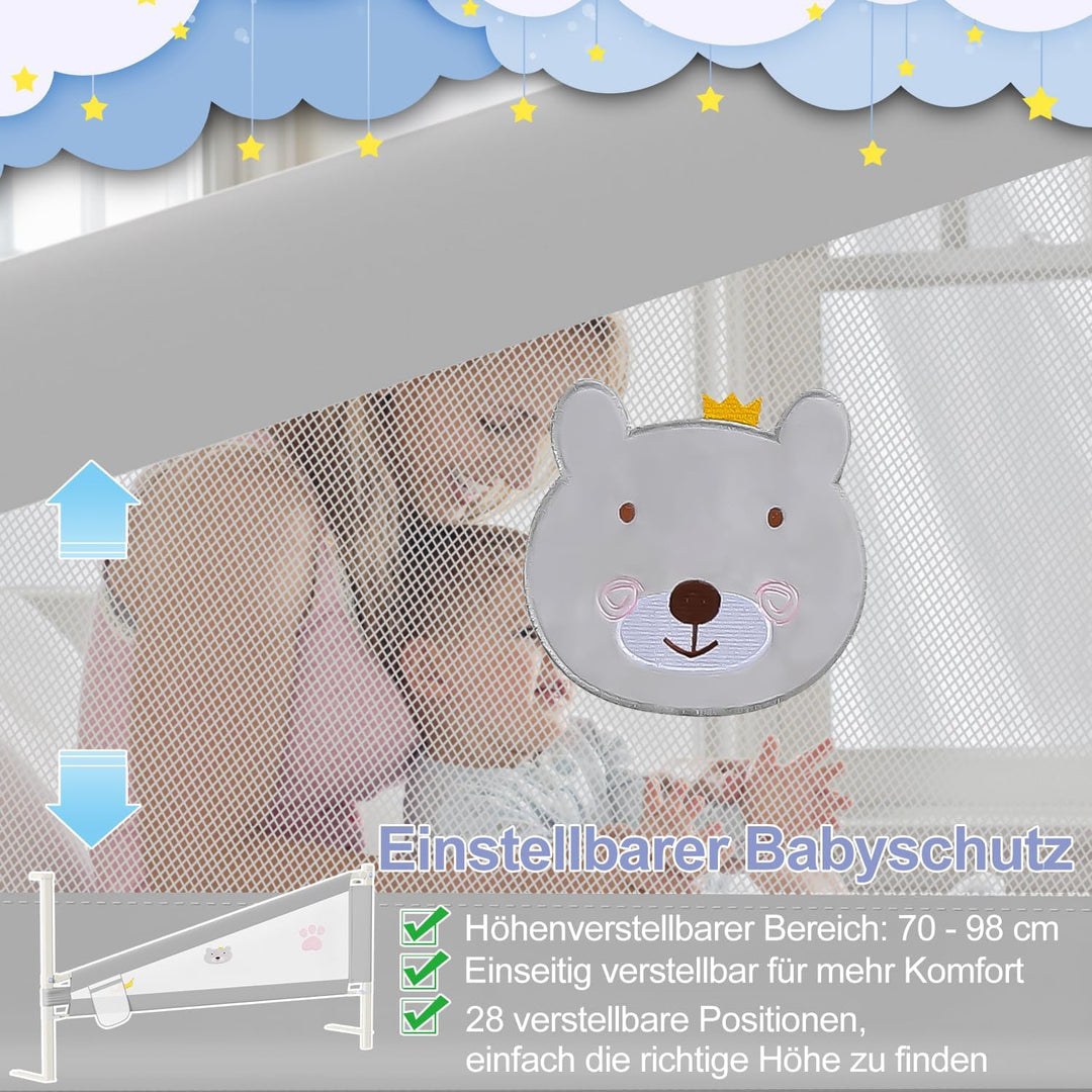 Bettgitter Rausfallschutz 150cm Höhenverstellbar 70-98cm, Bettschutzgitter Kinderbettgitter Kinderbe