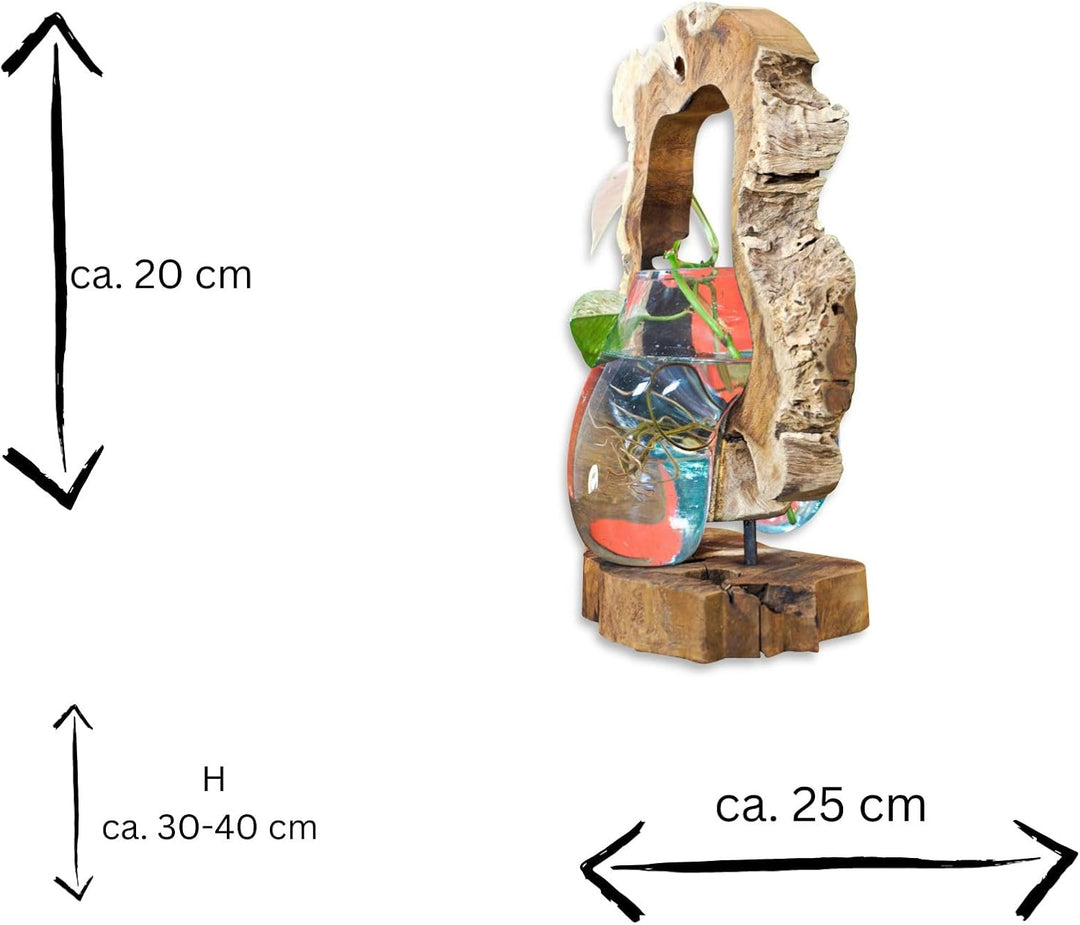Kinaree Geschmolzenes Glas auf Wurzelholz - Glasschale auf Wurzel - Teak Holz mit Glasvase oder Scha