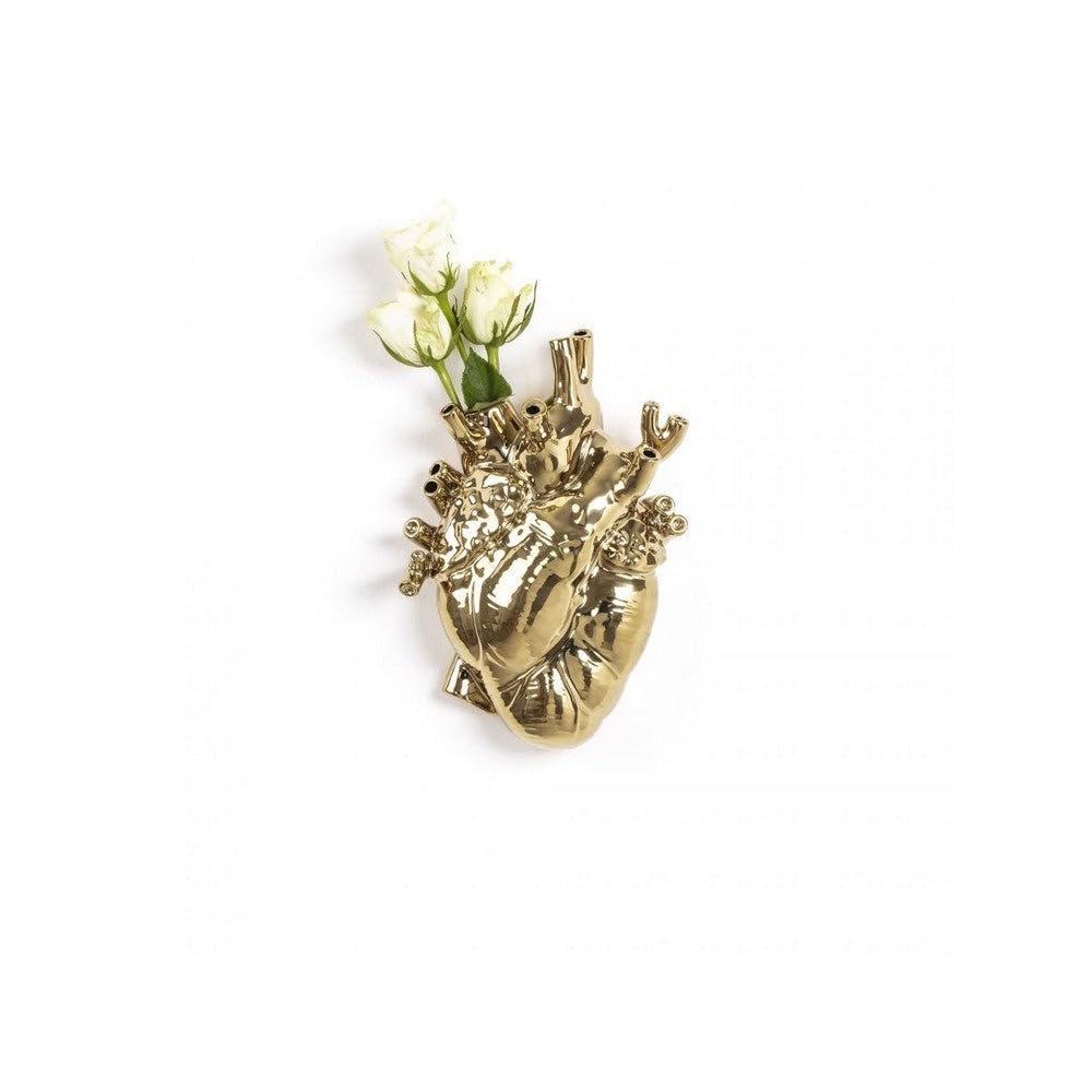 Seletti „Love in Bloom“ Gold Vase, Herz, Goldbeschichtung.