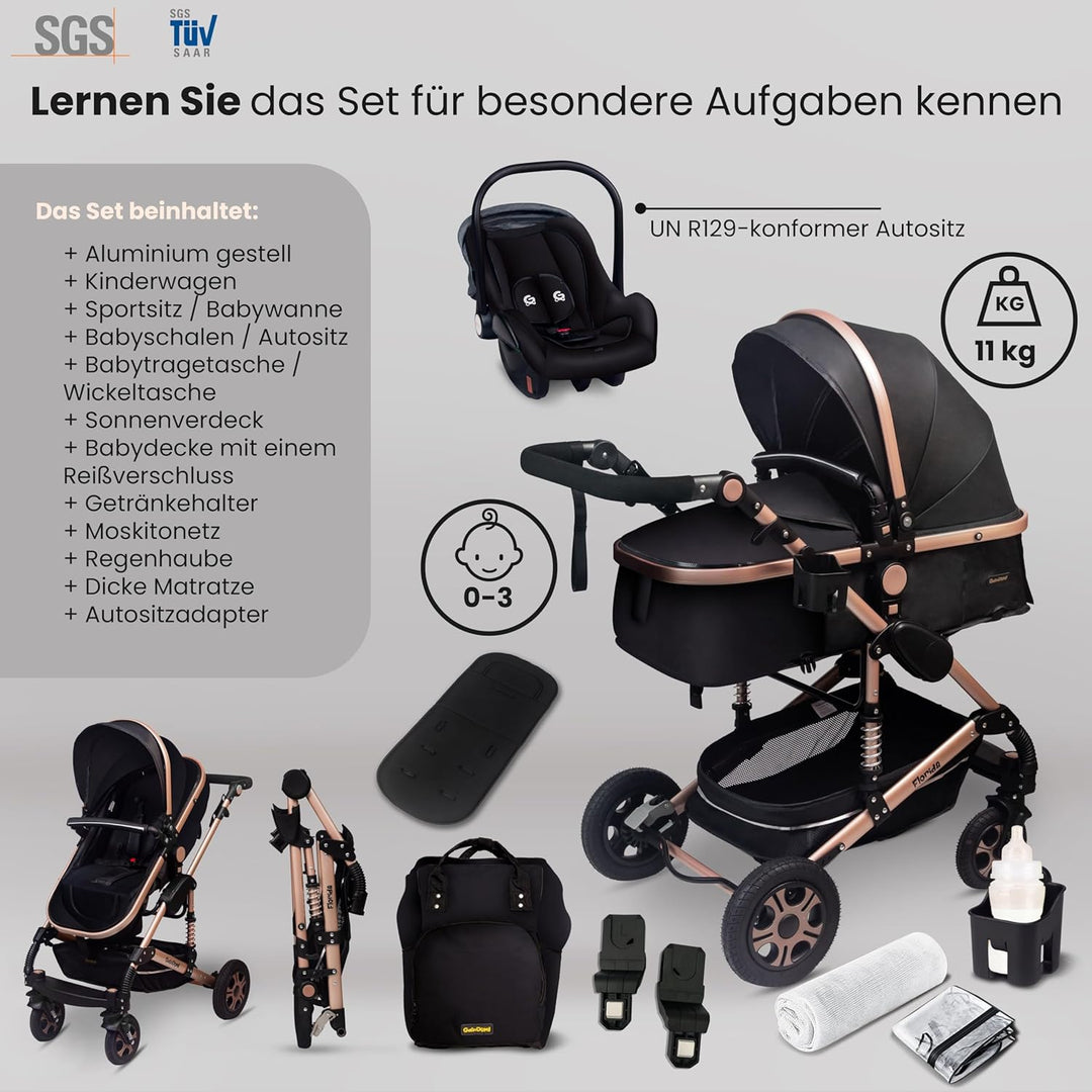 GaGaDumi Florida Kinderwagen 3 in 1 Komplettset mit Autositz - Baby Stroller 3 in 1 TÜV - Kombikinde