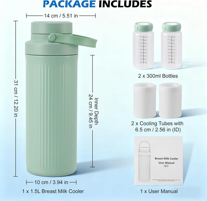 Tragbarer Muttermilchkühler 1,5L mit 2x300ml Muttermilchaufbewahrungsflaschen, 360° Gesamtkühlung Ba