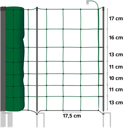 VOSS.farming Schafnetz Classic+ 50m 90cm Elektronetz 20 Pfähle 2 Spitzen grün, Weidezaunnetz Hundeza