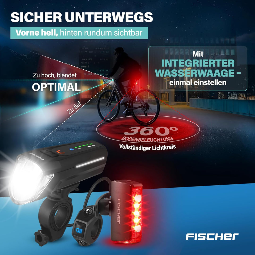 FISCHER Fahrrad LED-Akku Beleuchtungs-Set Twin Stop 100 Lux, mit Sensormodus, Lange Leuchtdauer, sta