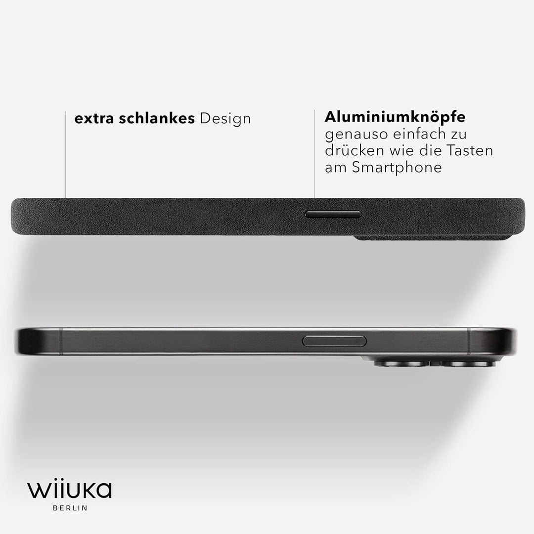 WIIUKA Hülle für iPhone 15 Pro, original Alcantara®, handgefertigt, extra Dünn, Premium Handyhülle,