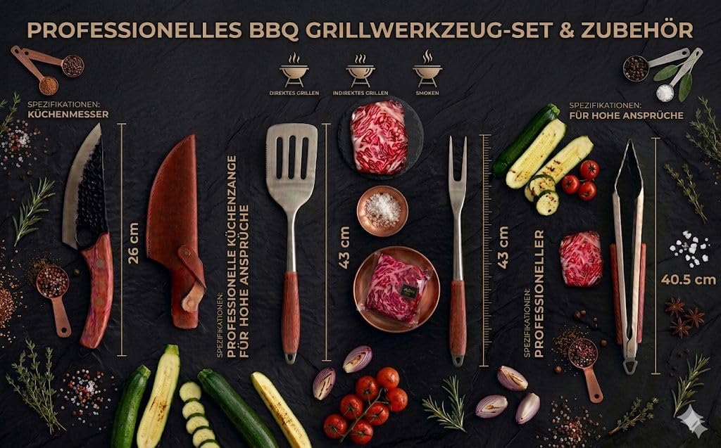 BBQ Grillbesteck Set Rosewood – Premium Edelstahl Grillset mit Zange, Wender, Fleischgabel & Messer