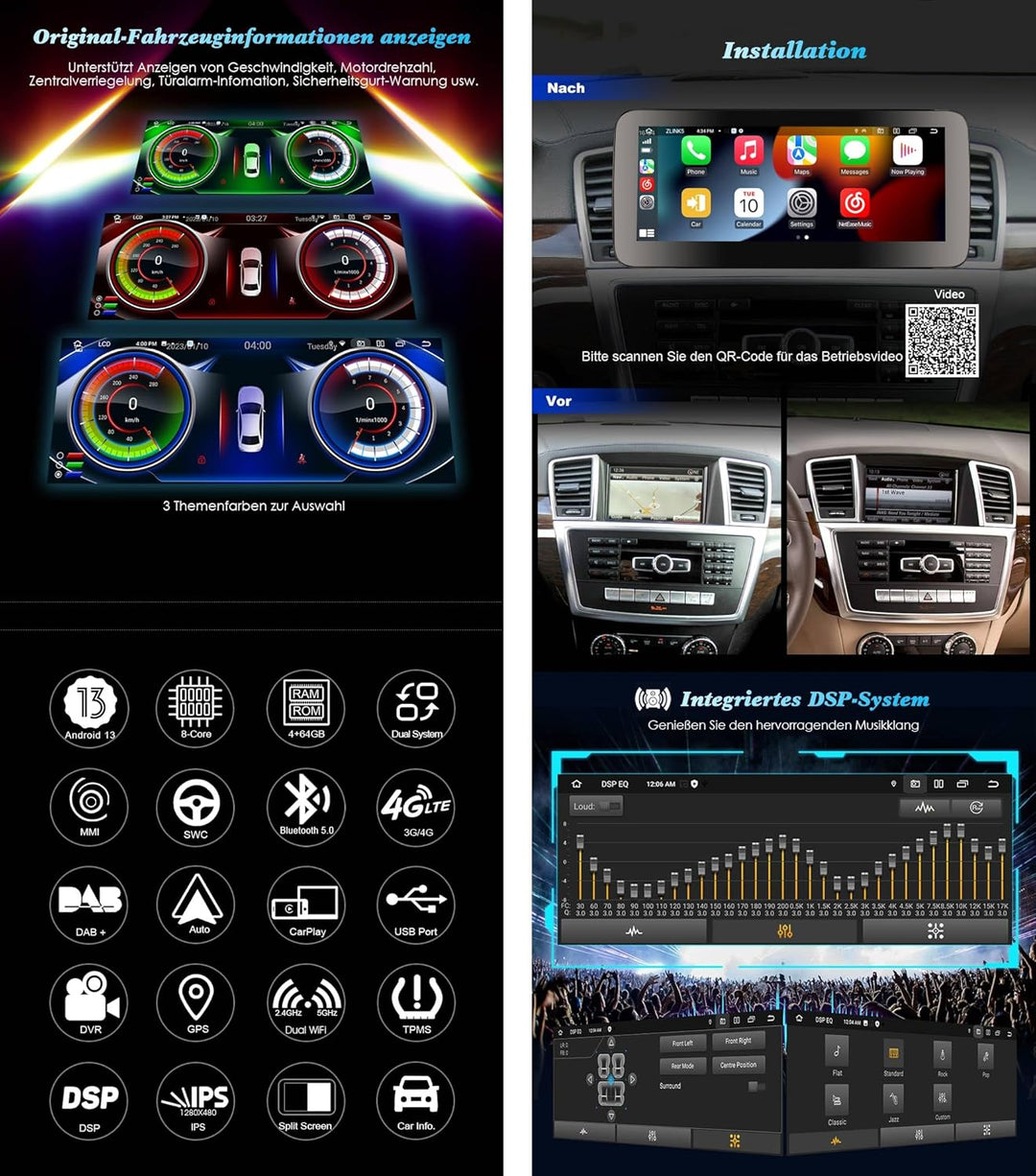 Erisin 10,25 Zoll 8-Kern 4GB+64GB Android 13 Autoradio Bluetooth GPS Navi für Mercedes ML Klasse W16