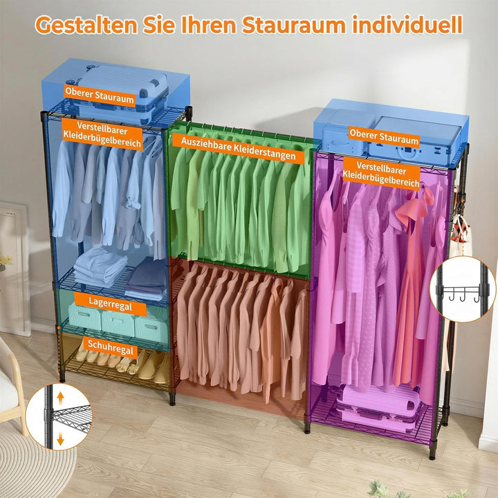 Himimi Teleskop-Kleiderständer Stabil, Offener Kleiderschrank System mit 4 Kleiderstangen & 6 Höhenv