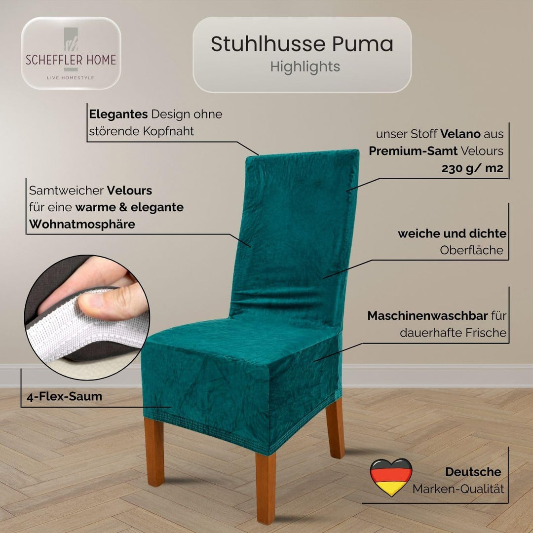 SCHEFFLER-Home Stretch Stuhlhussen Samt Puma Velvet/Velours Stuhlhussen 6er Set Türkis/Stuhlabdeckun