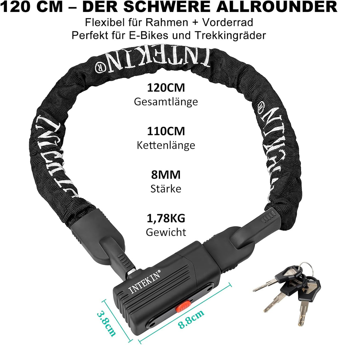 INTEKIN Kettenschloss 120cm lang, Schwer Motorrad-/ Fahrradschloss aus 8mm gehärteter Stahlkette, Ho