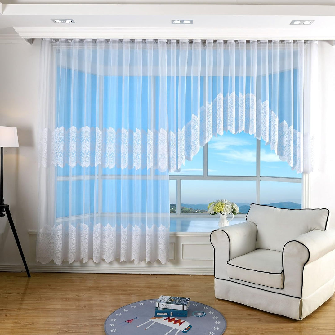 Bogenstore Barock Gardine Jacquard, 245x450, Blumenmuster Weiss Kräuselband Universalband Faltenband