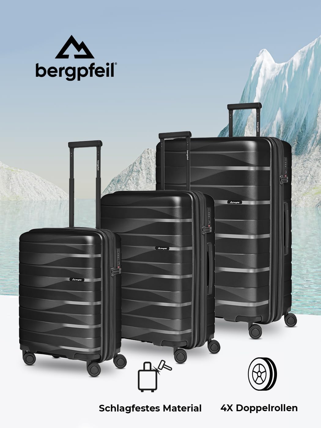 Bergpfeil Koffer-Set 3-teilig |Hochwertiges Polypropylen-Material |mit Dehnfalte erweiterbares Koffe