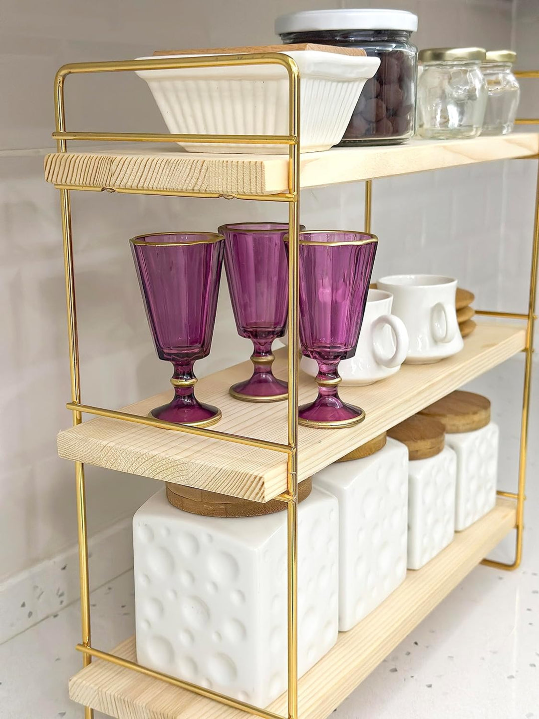 Ndeko Arbeitsplatte Regal aus Holz und Metall Gold mit 3 Ablagen, Badregal, Holzregal, Regalbrett Or