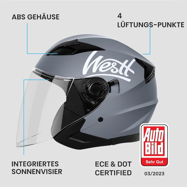 Westt Jethelm mit Visier und Sonnenblende Motorradhelm Herren Damen Rollerhelm Mopedhelm Mofa Choppe