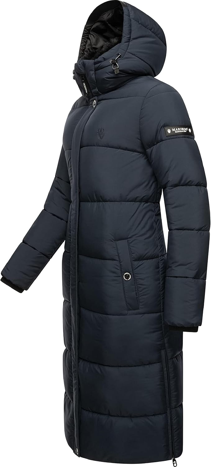 MARIKOO Damen Wintermantel Warmer Steppmantel lang mit Abnehmbarer Kapuze Reliziaa XS-3XL XL Navy, X