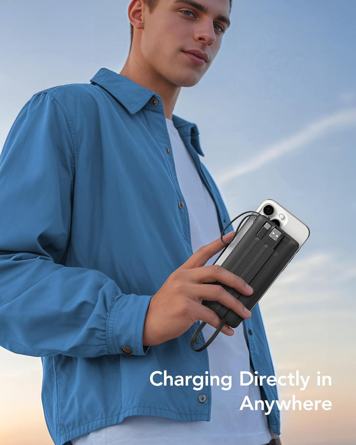 VRURC Power Bank mit 4 Kabel 10000mAh Powerbank Tragbares Ladegerät USB C Externer Handyakkus LED Di