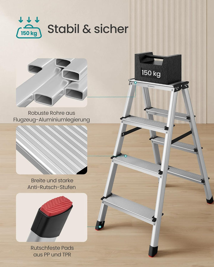 SONGMICS Leiter, Trittleiter, Aluleiter mit 4 rutschfesten Stufen, klappbar, Stehleiter, Mehrzweckle