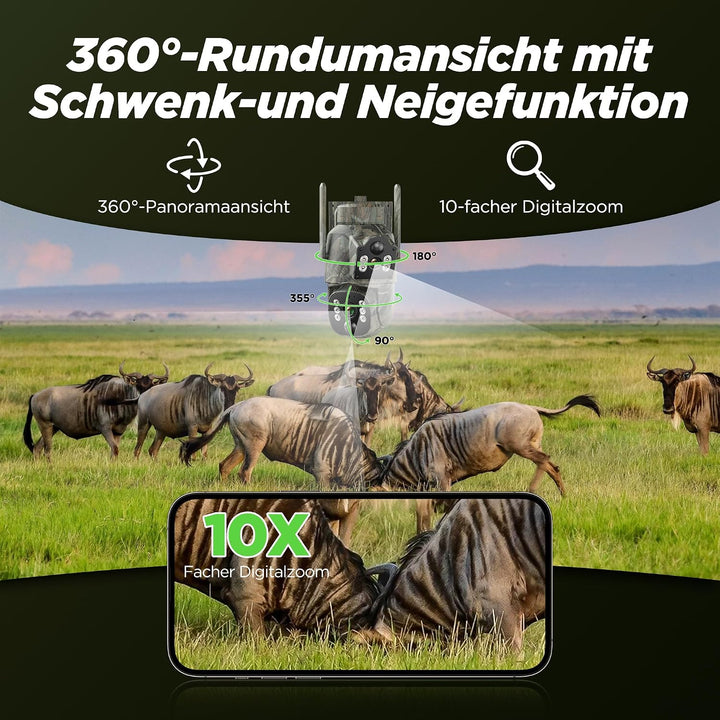 VOOPEAK 4G LTE Wildkamera mit SIM Karte, Dual-Objektiv Wildtierkamera mit 360° Live-Übertragung, 2K