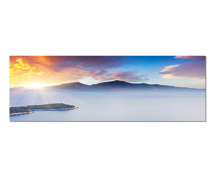 Paul Sinus Art Panoramabild auf Leinwand und Keilrahmen 150x50cm Montenegro Balkan Berge Nebel Meer
