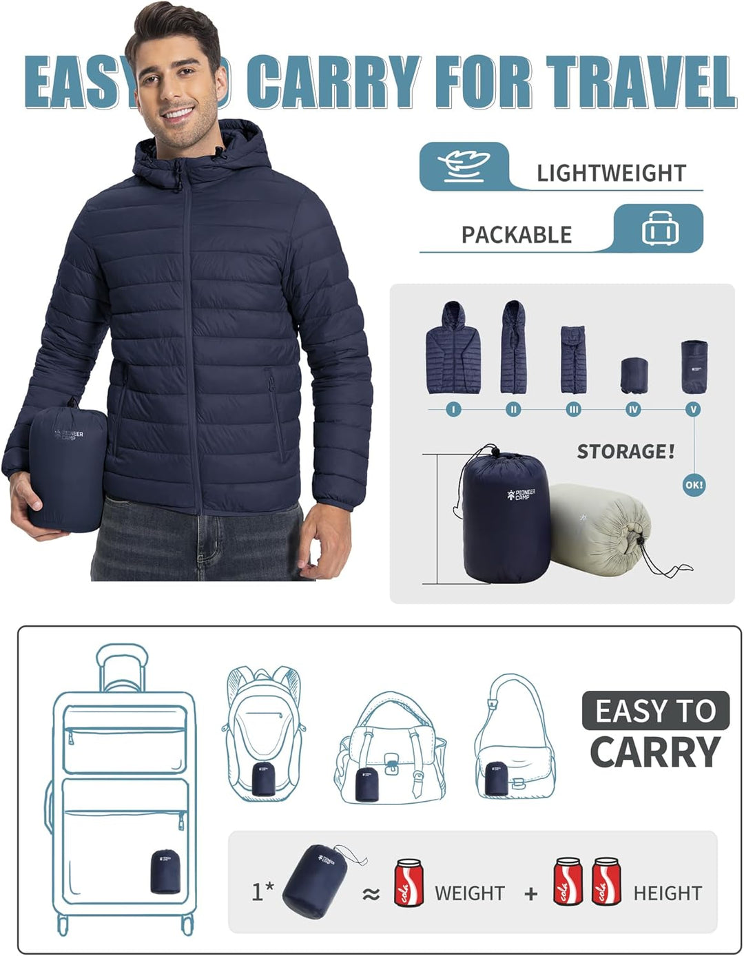 Herren Steppjacke Leichte Daunenjacken Winterjacke Übergangsjacke Outdoorjacke mit Kapuze und 6 Tasc
