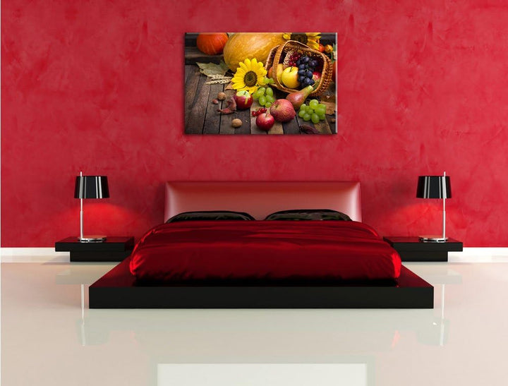 Herbstlicher Obstkorb, Format: 100x70 auf Leinwand, XXL riesige Bilder fertig gerahmt mit Keilrahmen