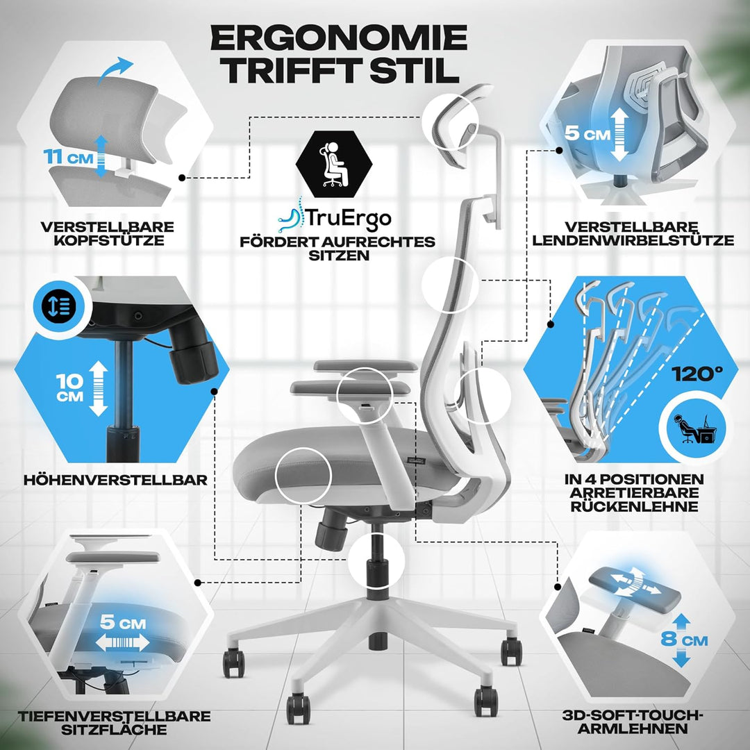 VALKENSTOL M3 Pro Ergonomischer Bürostuhl 150 kg Grau – [Höhenverstellbare Lordosenstütze] Schreibti