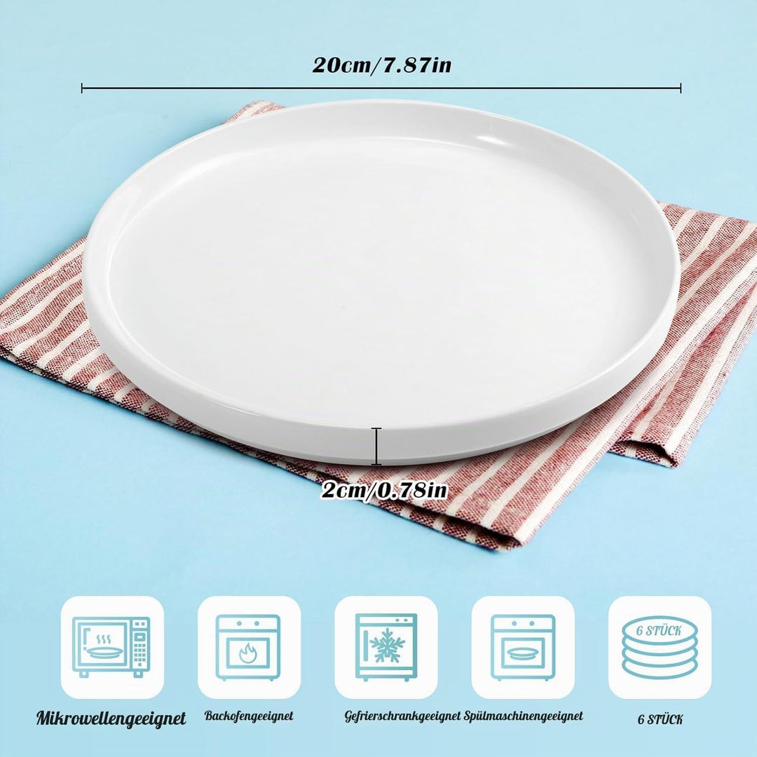 6 Stück Speiseteller, 20 cm Teller Set,Weiss Porzellan Speiseteller,Keramikteller für Salat, Pasta,