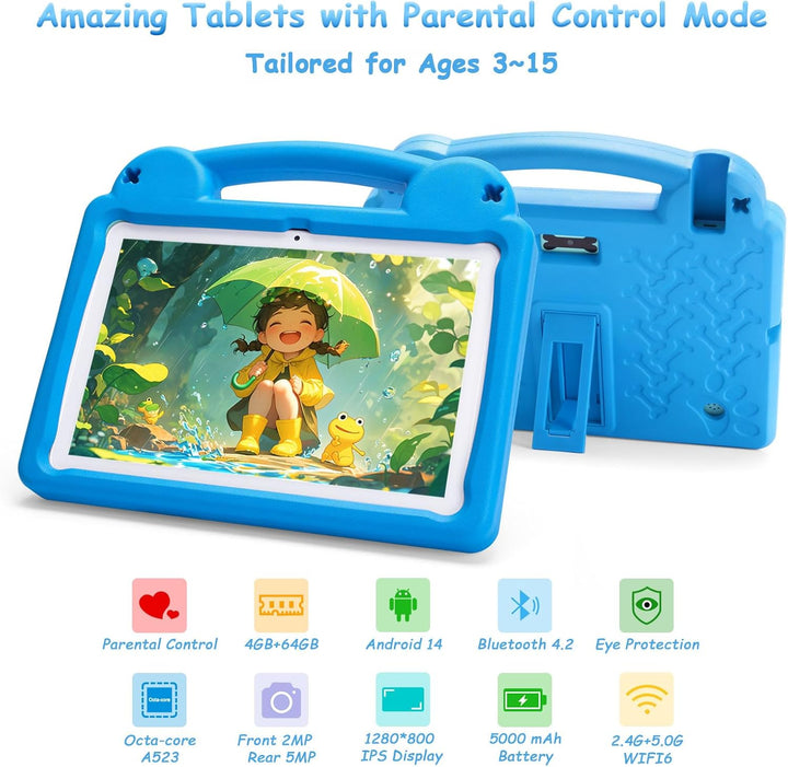 10 Zoll Tablet für Kinder mit Kindersicherung, 8(4+4) GB RAM 64GB ROM, Octa Core, WiFi 6, 5000mAh Ak