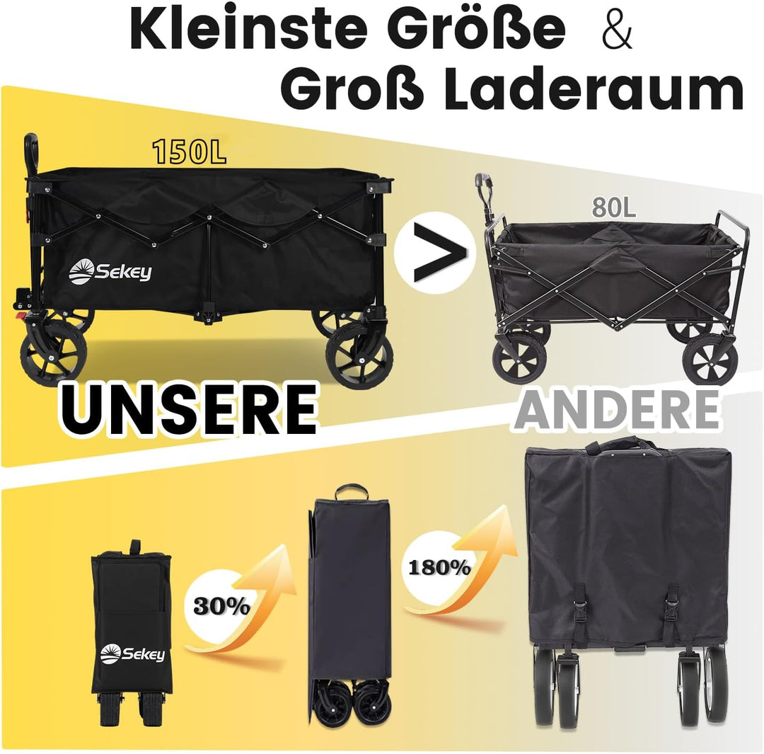 Sekey XXL Bollerwagen Faltbar mit Bremsen 150L 150KG, Breite Reifen Alle Gelände, Patentiert Zusamme